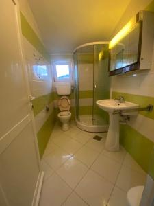 un bagno con wc, lavandino e doccia di Starlight Apartments a Ulcinj