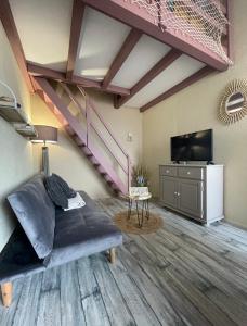 a living room with a couch and a tv at Appartement Saint Pierre la mer vue Mer in Fleury