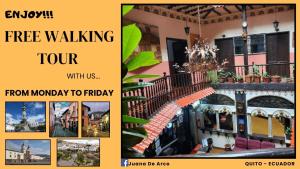 a flyer for a free walking tour with us from monday to friday at Hostal Juana de Arco in Quito