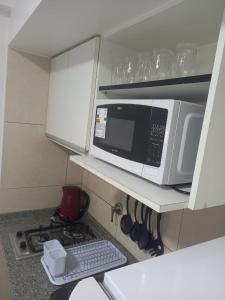 een keuken met een magnetron en een fornuis bij Lavalle 665 in San Miguel de Tucumán