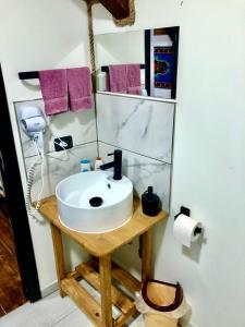 een badkamer met een witte wastafel en paarse handdoeken bij Cabana La Batranu in Borşa