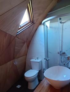 ein Bad mit einem WC, einem Waschbecken und einem Fenster in der Unterkunft Domo guidaí in Tacuarembó