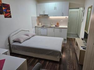 een kleine slaapkamer met een bed en een keuken bij Apartmani Borko 1-1 in Loznica