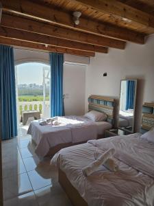 a bedroom with two beds and a large window at Panorama Hotel in Luxor