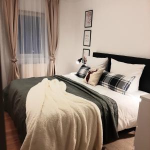 a bedroom with two beds with pillows and a window at Comfort Apartment - bis 4 Pers - Neunkirchen City - Parkplatz - Garage - WiFi - Bad - Balkon in Neunkirchen