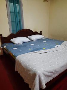 a bed with a blue comforter with butterflies on it at Trinish homestay in Hatton