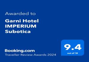 Certifikát, ocenenie alebo iný dokument vystavený v ubytovaní Garni Hotel IMPERIUM Subotica