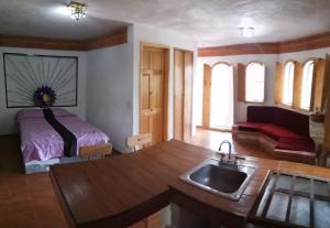 a kitchen with a sink and a bed in a room at Cabaña de bosque con alberca in Santa Clara de Juárez