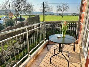 einen Balkon mit einem Tisch und Blick auf ein Feld in der Unterkunft ElbOase - Radfahrer willkommen! in Dresden
