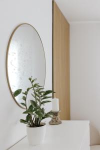 een spiegel en een plant op een witte toonbank bij Casa da Sereia in Leiria