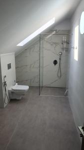 a bathroom with a glass shower and a toilet at MRȘ House 2 in Bucharest