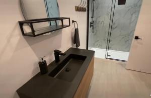 bagno con lavandino nero e doccia di Le Zenitude hébergement a Chateau Richer