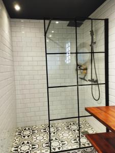 a shower with a glass door in a bathroom at Grand Appartement de Standing, Appt Entier , ou , Chambre en colocation, Magnifique vue Mer in Ducos