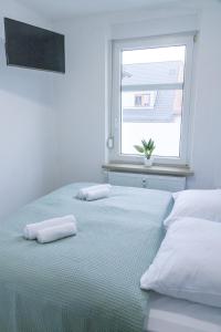 2 poduszki na łóżku w pokoju z oknem w obiekcie Apartment Sängerstadt Flat Peter w mieście Finsterwalde
