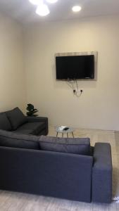 ein Wohnzimmer mit einem blauen Sofa und einem Flachbild-TV in der Unterkunft شقق نور سين in Al-'Ula