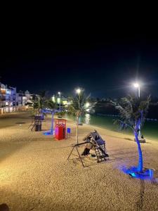 plaży ze sprzętem zabaw i palmami w nocy w obiekcie fun beach durrat alarous -فن بيتش درة العروس w mieście Durat Alarous