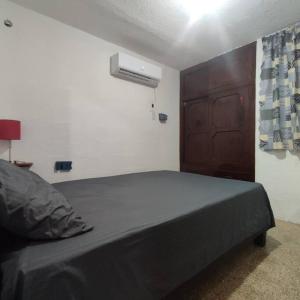 um quarto com uma cama e uma porta de madeira em Depto Completo Villahermosa em Ocuilzapotlan