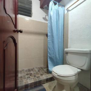 Ocuilzapotlan的住宿－Depto Completo Villahermosa，浴室设有卫生间和蓝色的浴帘。