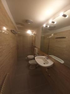 Un baño con dos inodoros, un lavabo y un espejo. en Cozy Apartment in a Historic Villa, en Merano