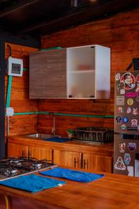 eine Küche mit Holzschränken, einer Spüle und einem Kühlschrank in der Unterkunft El Templo del Agua in San Rafael