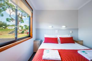a bedroom with a bed with red pillows and a window at BIG4 Naracoorte Holiday Park in Naracoorte