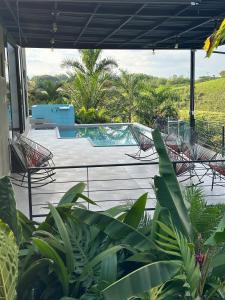 patio z krzesłami i basenem w obiekcie Eco Hotel La Colina Mirador w mieście Quimbaya