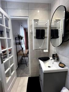 een badkamer met een wastafel en een spiegel bij Le Japandi - Cosyloc Agency - Aux Portes de Paris in Pantin