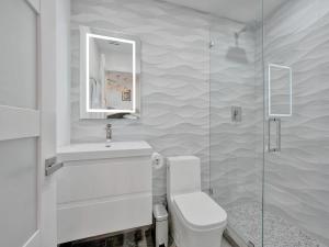 La salle de bains est pourvue de toilettes, d'un lavabo et d'un miroir. dans l'établissement Cozy Villa Emma, à Delray Beach