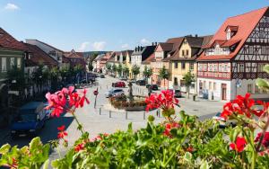 a view of a town with buildings and red flowers at Lilium Resort Hotel & Restaurant in Bad Rodach