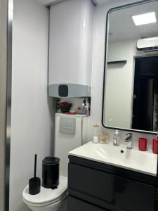 a bathroom with a sink and a mirror and a toilet at C12 Deluxe in Cap d'Agde