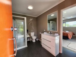 a bathroom with a sink and a toilet at Hahei Getaway Tahi in Hahei