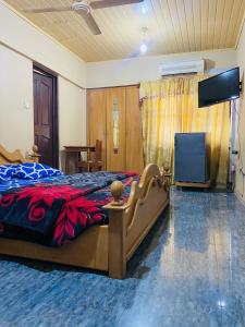 a bedroom with a bed and a flat screen tv at Tuxedo Hotel in Accra