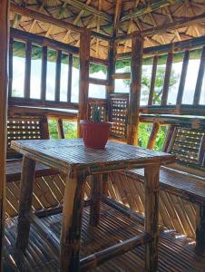 une table en bois avec une plante en pot sur une terrasse en bois dans l'établissement Cabin de Paulin, à Tagaytay