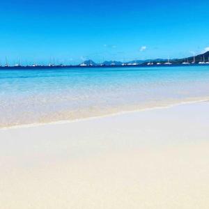 レ・トロワ・イレにあるTikoule t2 avec piscine Trois Iletsの遠くに青い海と船が続くビーチ