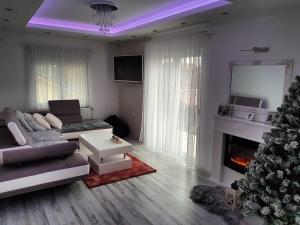 a living room with a christmas tree and a fireplace at Apartman TT Stan na dan Trn Laktaši in Laktaši