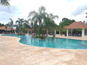 a large swimming pool with palm trees and a gazebo at Sun Haven Villa in Discovery Bay, St. Ann in Discovery Bay