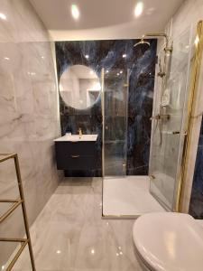 uma casa de banho com um chuveiro e um lavatório. em Dragon apartament em Lublin