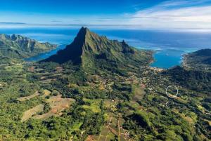 an aerial view of a mountain and the ocean at Rotui Lodge in Paopao