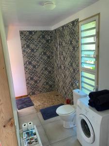 a bathroom with a toilet and a washing machine at Rotui Lodge in Paopao