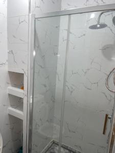 La salle de bains est pourvue d'une douche avec une porte en verre. dans l'établissement madison place, à Praia