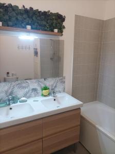 uma casa de banho com um lavatório, um espelho e uma banheira em Résidence Juan Valera em Vaujours