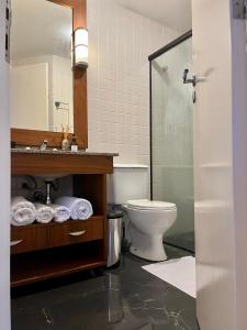 La salle de bains est pourvue de toilettes, d'un lavabo et d'un miroir. dans l'établissement São Paulo Mercure Moema Times Square - Flat DIAMOND, à São Paulo