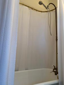 a bathroom with a shower with a white shower curtain at Historic Queen Anne Mansion in Quincy