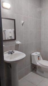 ein Badezimmer mit einem Waschbecken, einem WC und einem Spiegel in der Unterkunft HOTEL TAMPICO EXPRESS MORALILLO in Tampico