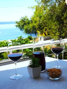 zwei Gläser Wein auf dem Tisch in der Unterkunft Apartments by the sea Zivogosce - Porat, Makarska - 6807 in Igrane