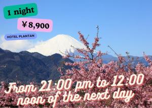 a picture of a mountain with a tree with pink flowers at Hotel Plantan - Adult Only in Tokyo