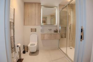 a bathroom with a toilet and a glass shower at 2 Bedroom Flat near Stanmore Station in Stanmore