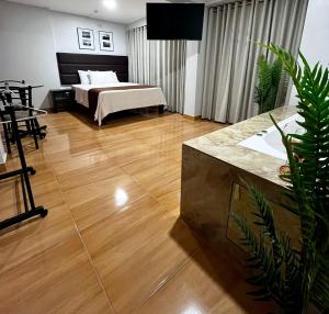 a bedroom with a bed and a desk with a plant at COSMOPOLITAN INN in Ventanilla