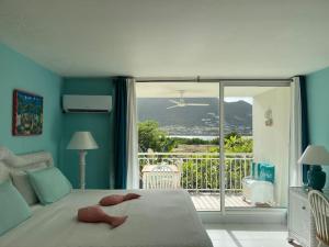 1 dormitorio con 1 cama y vistas al océano en Sunset View & Ocean Breeze, en Saint Martin