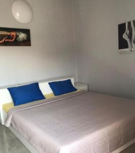 sypialnia z łóżkiem z niebieskimi i żółtymi poduszkami w obiekcie *Ana Maria*Hostel/rooms&bunk bed w mieście Podgorica